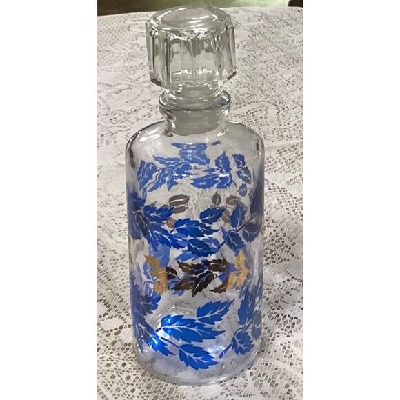 MCM Luminarc France Blue Gold Leaves Decanter 6 Footed Liqueur Aperitif Glasses - Picture 8 of 9